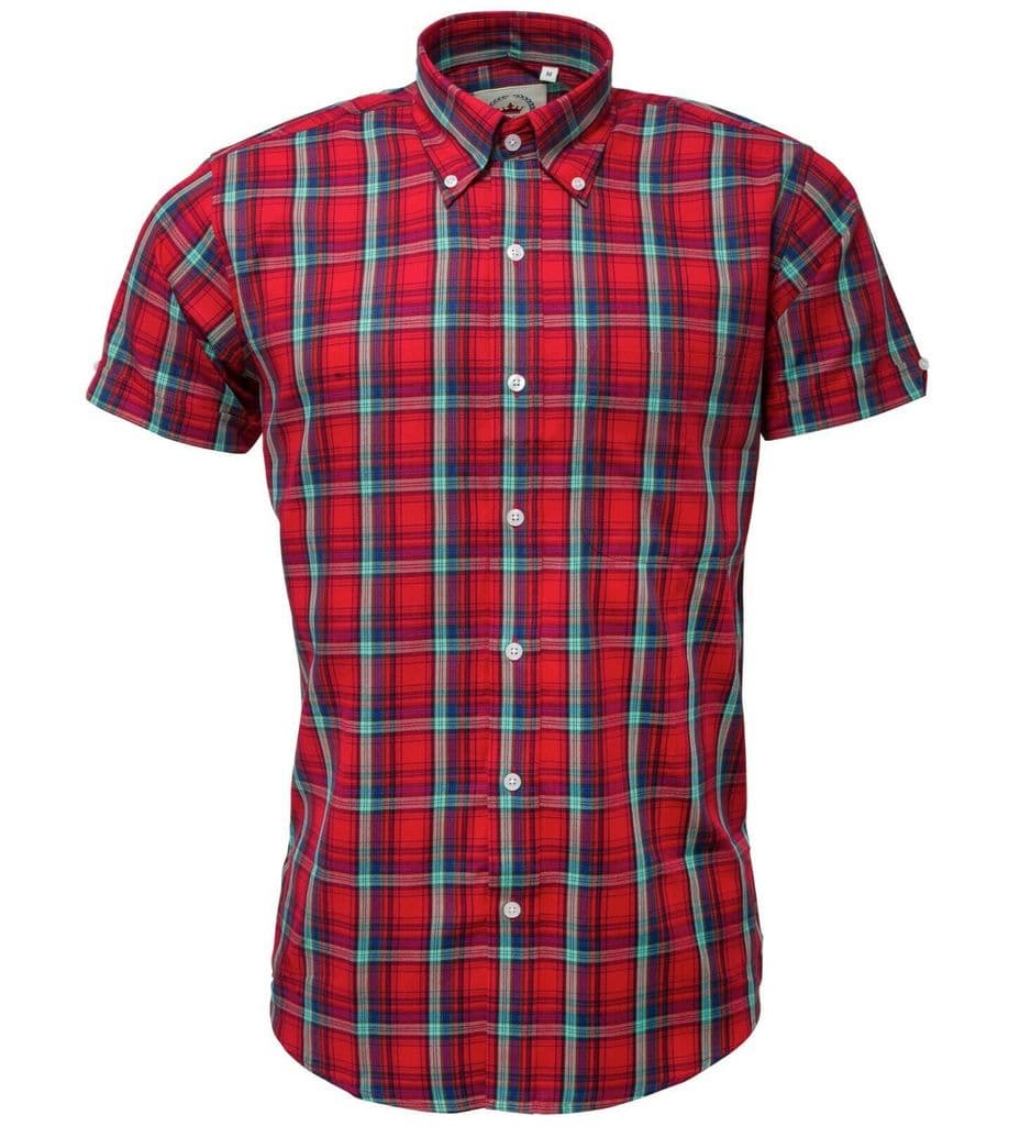 Relco Mens Check Short Sleeve Shirt Button Down Collar Mod Tartan Red ...